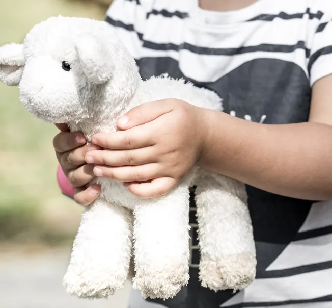 A child holding a soft toy lamb
