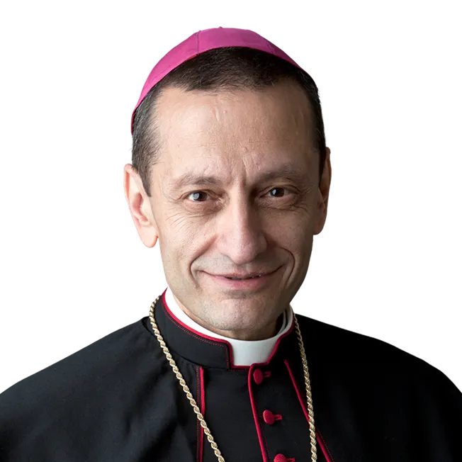 Portrait of Bishop Frank J. Caggiano in a black cassock and magenta zucchetto